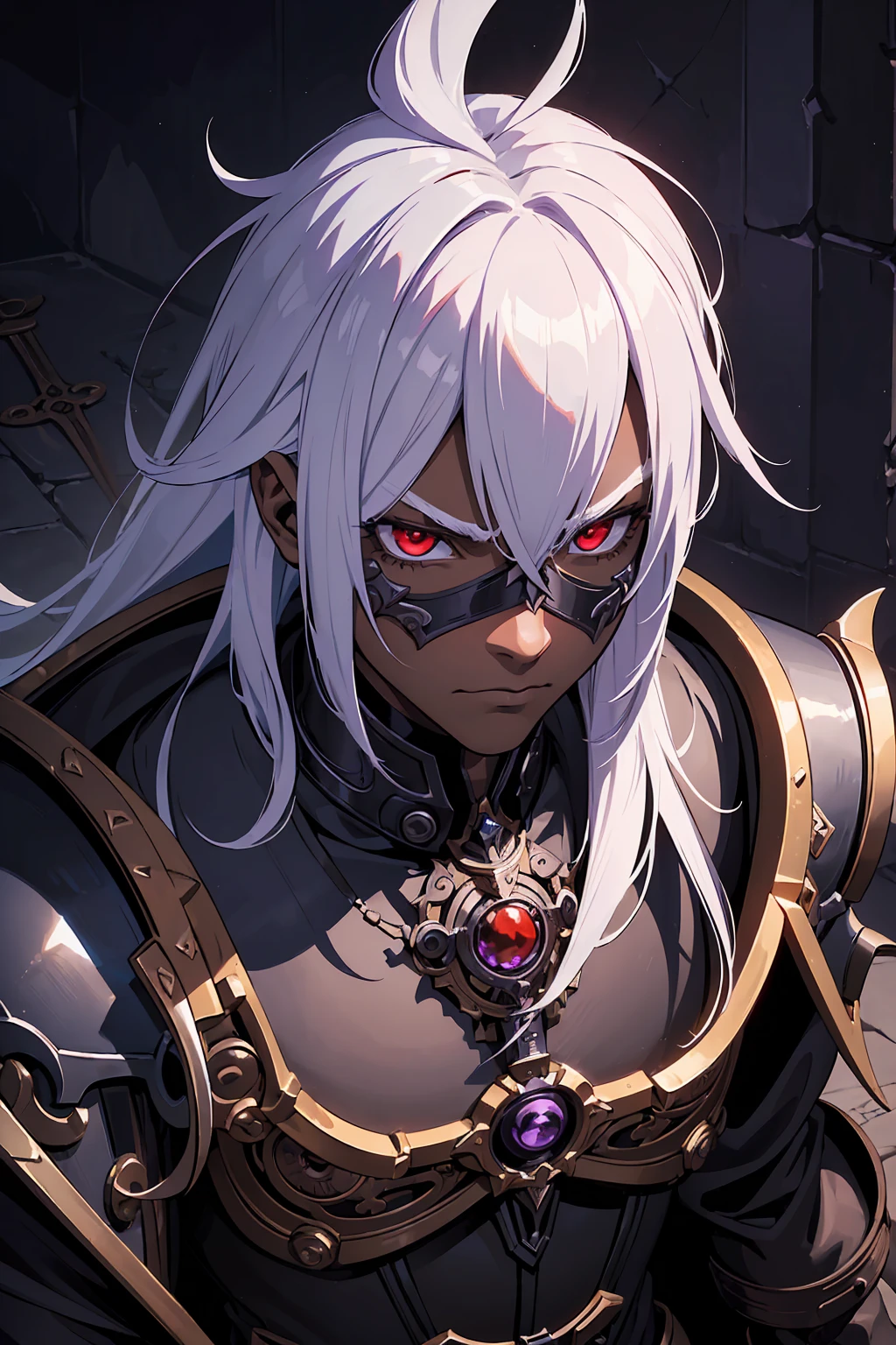 ((best quality)), ((masterpiece)), (detailed), ((boy)), (mix between steampunk and dungeonpunk), drow, upper body, portrait, red eyes, long white hair, Xemnas from Kingdom Hearts, half-drow, dark skinned, (full knight armor), paladin, serious face, dramatic lighting, dungeons and dragons character, purple theme