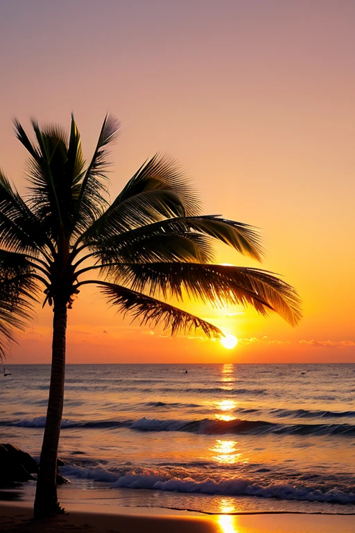Sunset sea palm tree