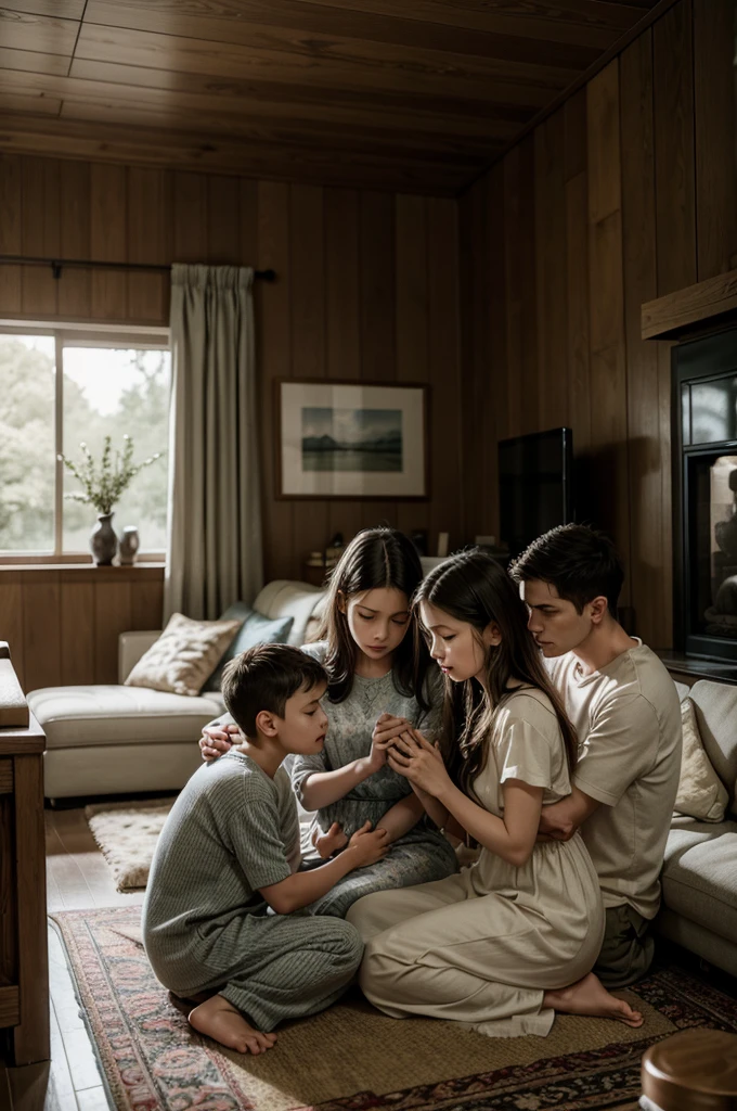 A serene family praying together in a cozy living room"
Style: Soft focus, warm tones, realistic
Pattern: Family unity, peaceful atmosphere