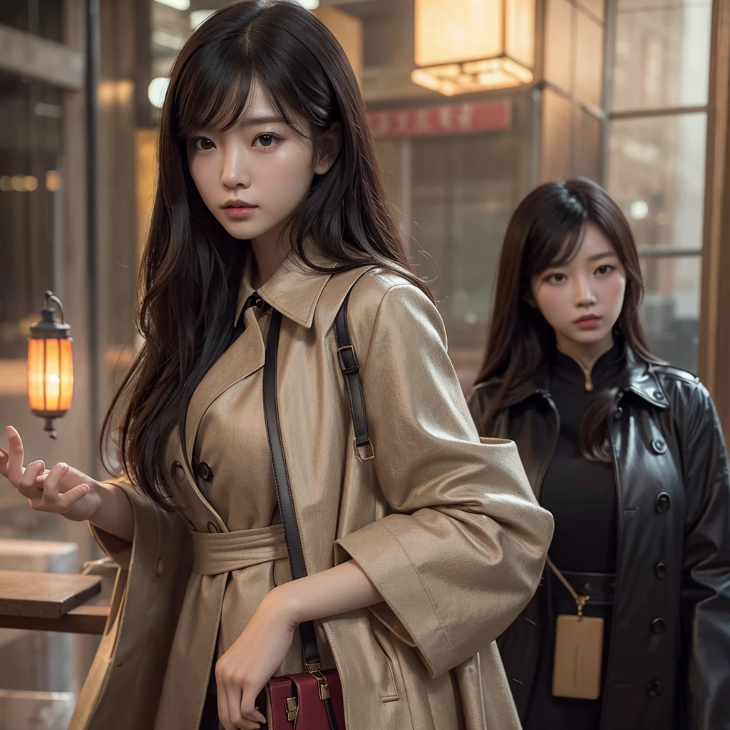 beautiful chinese girl, wearing cryptic trench, carrying bag on shoulder, 1girl, cinematic lighting, dramatic lighting, highly detailed, photorealistic, 8k, 4k, ultra-detailed, masterpiece, (best quality:1.2), (realistic:1.37), intricate details, vibrant colors, warm color palette, soft focus, ethereal atmosphere