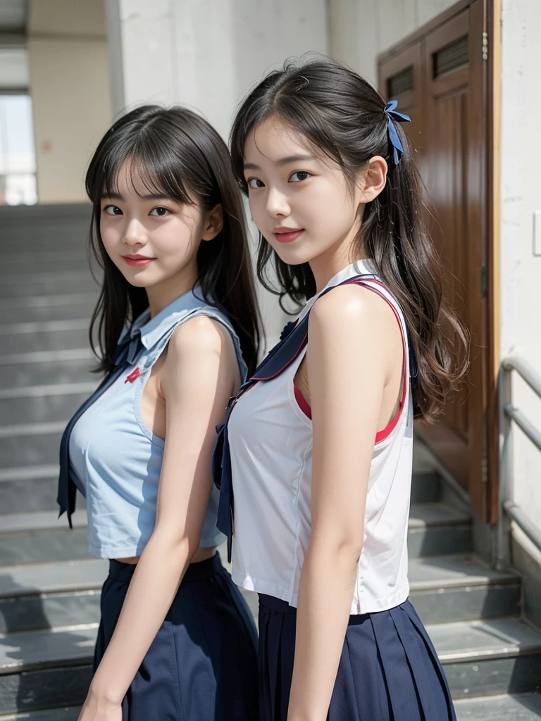 (A trio of super cute Korean gal high school girls take a photo together 1.2)(grin,Smile)(Beautiful Sweat:1.1)(16k, RAW Photos, Highest quality, masterpiece: 1.2),(Mr.々Beautiful blonde with a stylish hairstyle:1.2) Super detailed, Super Resolution, (Genuine, Genuine photos: 1.37), Portraiture, High-resolution RAW color photos, Professional photos, Very detailed, 8k wallpaper, Very detailed CG Unity 8k wallpaper, Very detailed beautiful girls, Very detailed faces, ((whole body)), beautiful woman, Huge breasts,(huge boobs:1.1) (Big Boobs:1.1), Beauty college student (A tight, girly, navy sleeveless  with ribbon.),high school girl, Korean Girls,(K-POP Female Idols), (Idol-class beauty)(Beautiful high school girl:1.1)(Emergency stairs in school building)(18-year-old)(Stylish school uniform-style outfit:1.1)(Group photo:1.3)(from side)