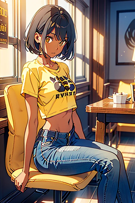 masterpiece, best quality, dark skin, short hair, yellow eyes, black hair, beautiful girl, thin, full body, casual male t-shirt, jeans pants, plan boobs, short boobs, small boobs, short chest, big butt, wide thigh, sitting in the cat cafe