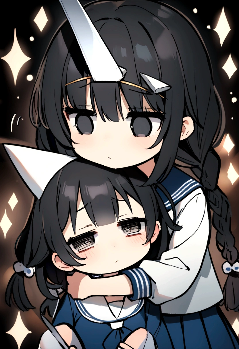 Long black hair, two braids, sailor suit, jittery eyes, loli, short, cute, , half eyes, jittery eyes, white triangle on head, black eyes, holding a knife, expressionless,Half eyes, hugs,1_Girl