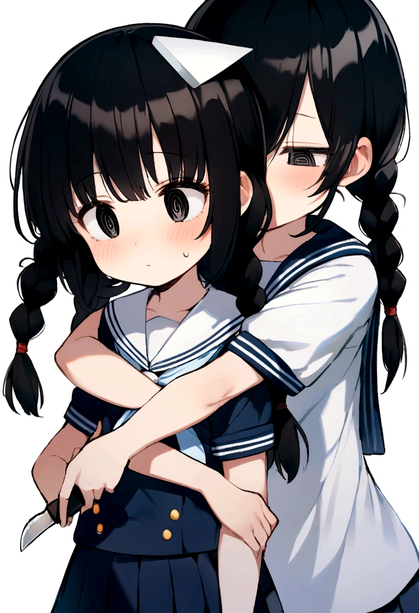 Long black hair, two braids, sailor suit, jittery eyes, loli, short, cute, , half eyes, jittery eyes, white triangle on head, black eyes, holding a knife, expressionless,Half eyes, hugs,1_Girl