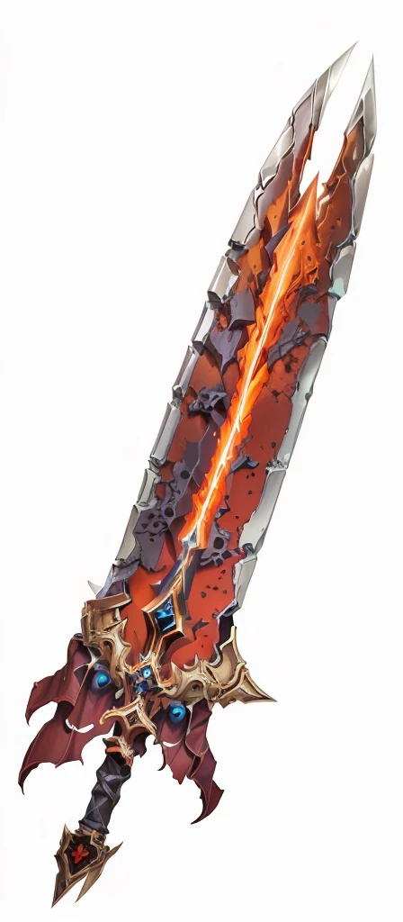 large two-handed sword made mostly of a dark substance that resembles bones and flesh, with claws running up its length, talons for a handguard, eye at the base of the hilt, and a red jewel on its pommel. The blade splits open in the middle, revealing glowing red energy