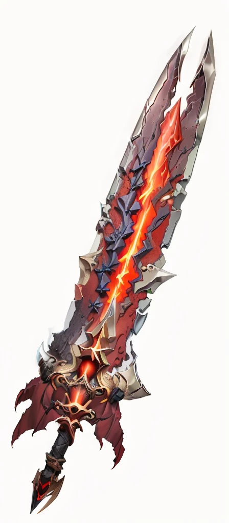 large two-handed sword made mostly of a dark substance that resembles bones and flesh, with claws running up its length, talons for a handguard, eye at the base of the hilt, and a red jewel on its pommel. The blade splits open in the middle, revealing glowing red energy