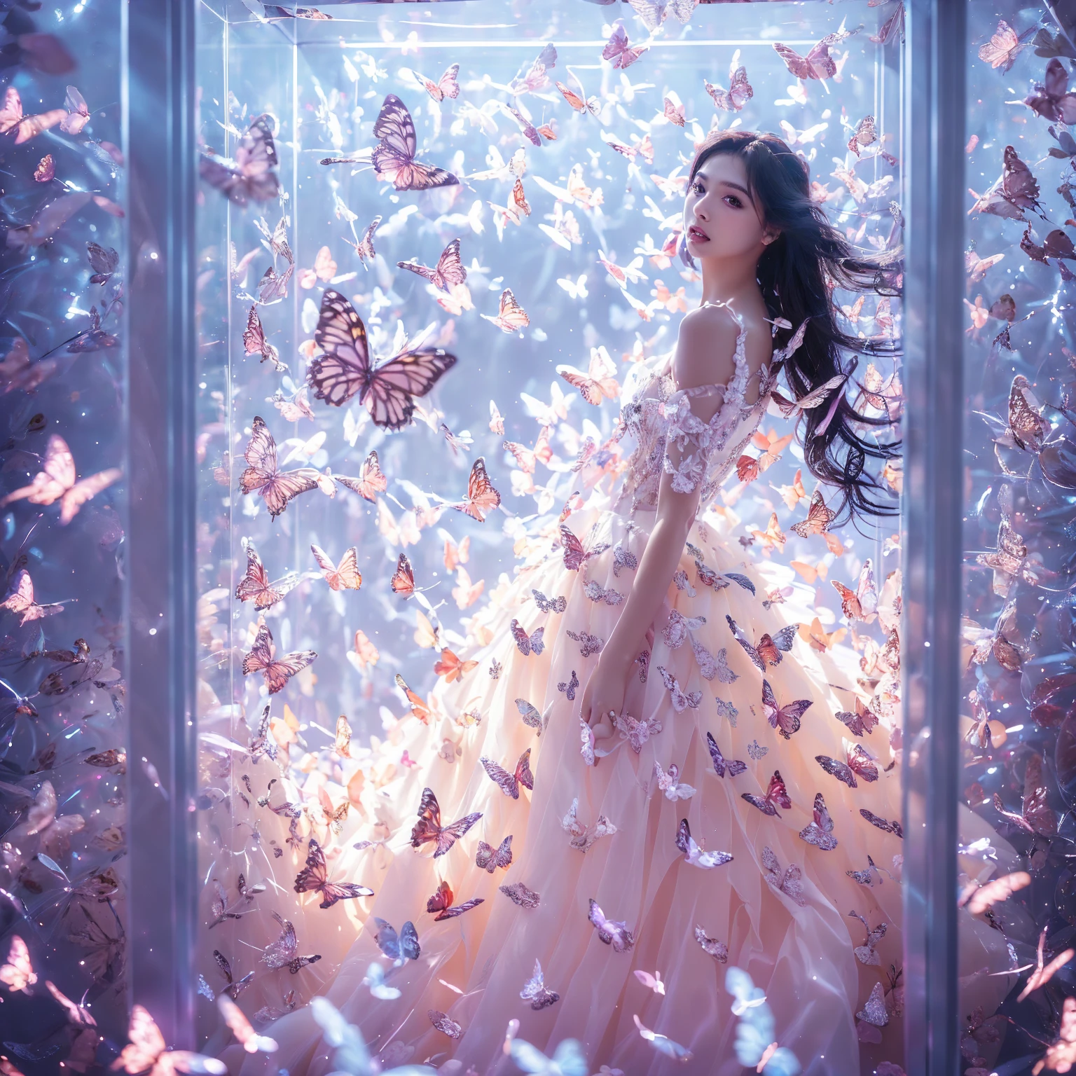 kinghere fensejiaren,One girl,butterfly,alone,dress,Long Hair,white butterfly,View the viewer,Realistic,parted lips,white dress,lips,Bare shoulders,(masterpiece:1,2),Highest quality,masterpiece,High resolution,original,Highly detailed wallpaper,Perfect lighting,(Highly detailed CG:1.2,