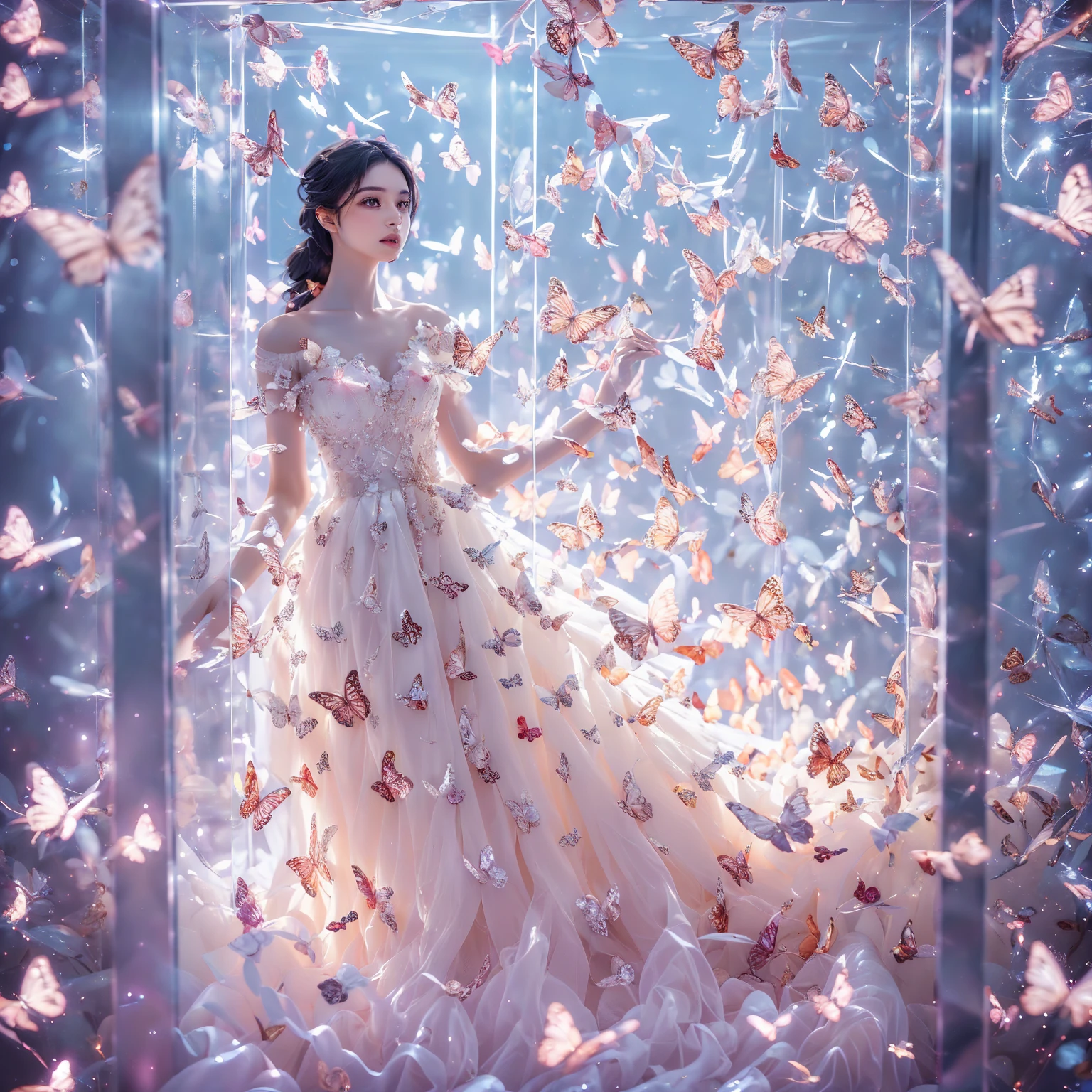 kinghere fensejiaren,One girl,butterfly,alone,dress,Long Hair,white butterfly,View the viewer,Realistic,parted lips,white dress,lips,Bare shoulders,(masterpiece:1,2),Highest quality,masterpiece,High resolution,original,Highly detailed wallpaper,Perfect lighting,(Highly detailed CG:1.2,