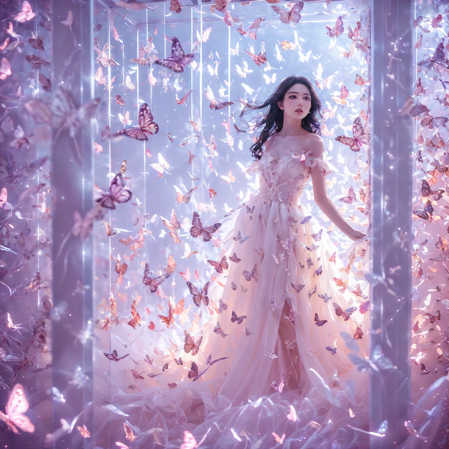 kinghere fensejiaren,One girl,butterfly,alone,dress,Long Hair,white butterfly,View the viewer,Realistic,parted lips,white dress,lips,Bare shoulders,(masterpiece:1,2),Highest quality,masterpiece,High resolution,original,Highly detailed wallpaper,Perfect lighting,(Highly detailed CG:1.2,