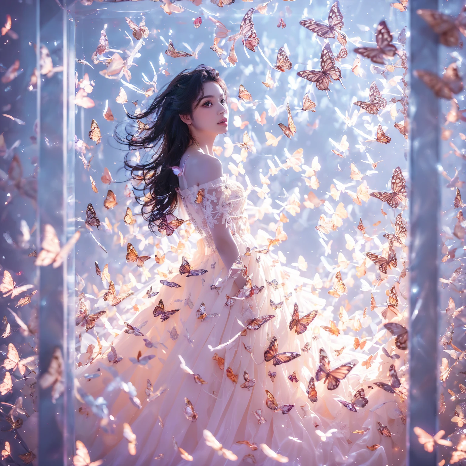 kinghere fensejiaren,One girl,butterfly,alone,dress,Long Hair,white butterfly,View the viewer,Realistic,parted lips,white dress,lips,Bare shoulders,(masterpiece:1,2),Highest quality,masterpiece,High resolution,original,Highly detailed wallpaper,Perfect lighting,(Highly detailed CG:1.2,