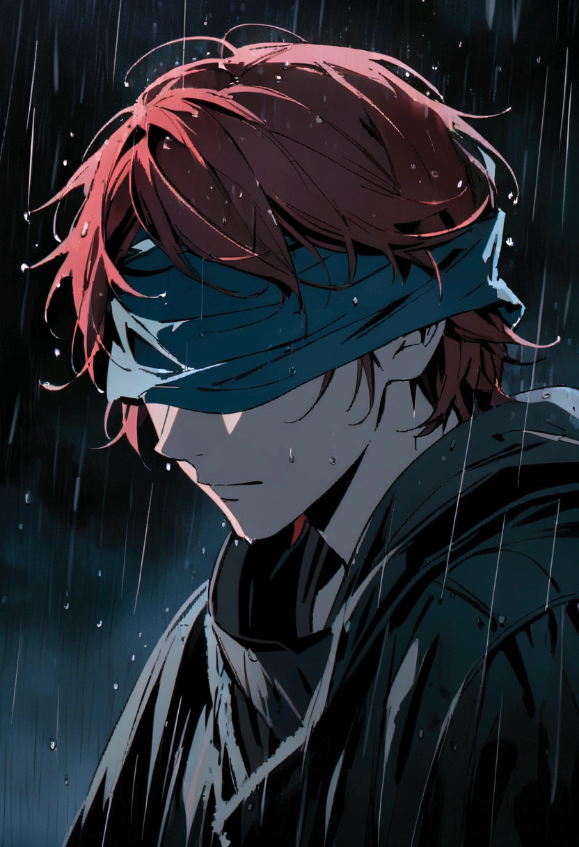 Male Character, ager, short red hair, male medieval clothing, neutral facial expression, no eyes, hair covering eyes, body sideways, face sideways, character wet by rain, dark background, night, raining, raindrops, cold colors, dark colors, sad