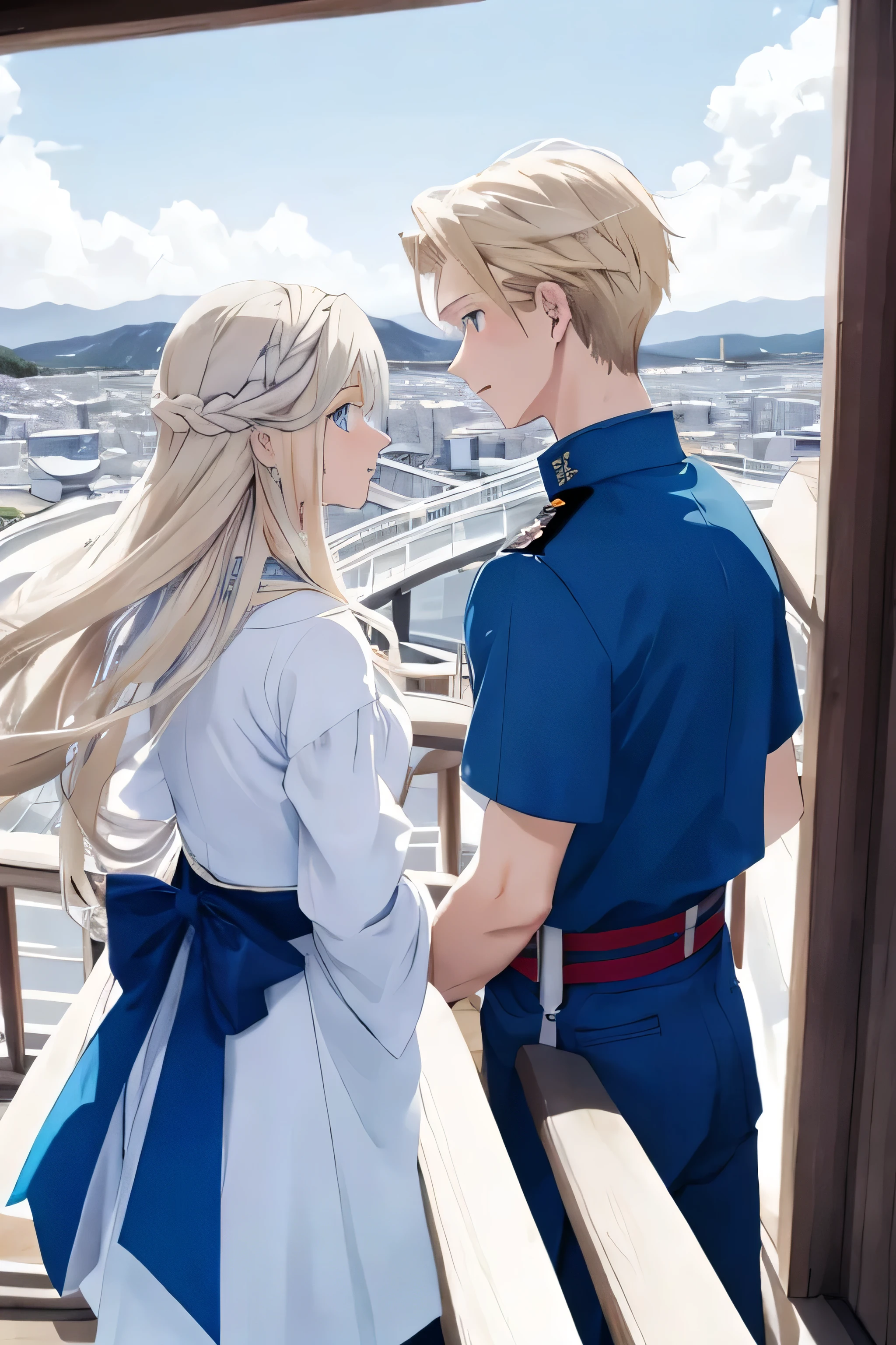 an 18 year old girl with long hair and the color is white dominant blue and blue eyes and a 13 year old  boy blonde haired looking at the view together on top of a tower in Japan 