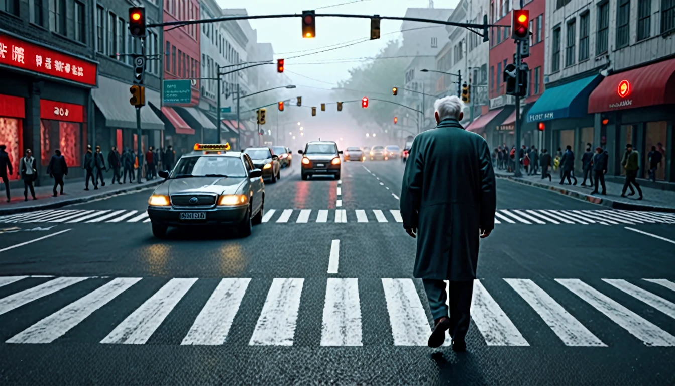 a old man walking on zebra crossings, detailed realistic urban street, many cars stopped because of red light, cinematic, hyperrealistic, 8k, ultra-detailed, (realistic:1.37), (photorealistic:1.37), dramatic lighting, vibrant colors, volumetric fog, cinematic camera angle, detailed asphalt road, detailed buildings, detailed traffic lights, detailed car models