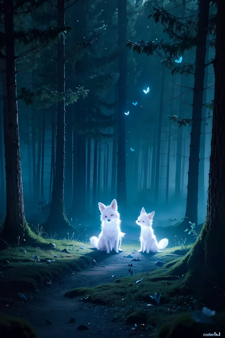 spirit animal, score_9, score_8_consolation, score_7_consolation, score_6_consolation, score_5_consolation, score_4_consolation, ethereal ghost baby fox, Beloved, cartoon character, glowing blue eyes, glowing butterflies, fantasy forest at night time, realistic, very detailed, There are no humans