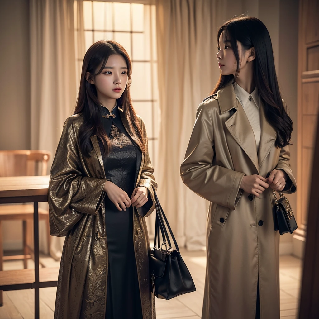 beautiful chinese girl, wearing cryptic trench, carrying bag on shoulder, 1girl, cinematic lighting, dramatic lighting, highly detailed, photorealistic, 8k, 4k, ultra-detailed, masterpiece, (best quality:1.2), (realistic:1.37), intricate details, vibrant colors, warm color palette, soft focus, ethereal atmosphere