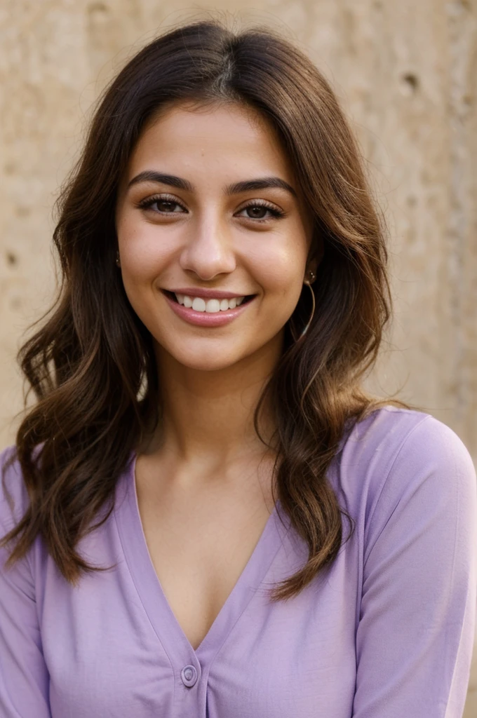 24YO,one attractive Jordanian women, purple shirt, cute smile, cute face, white teethes, skinny face, light brown eyes, small nose, black/blonde long hair