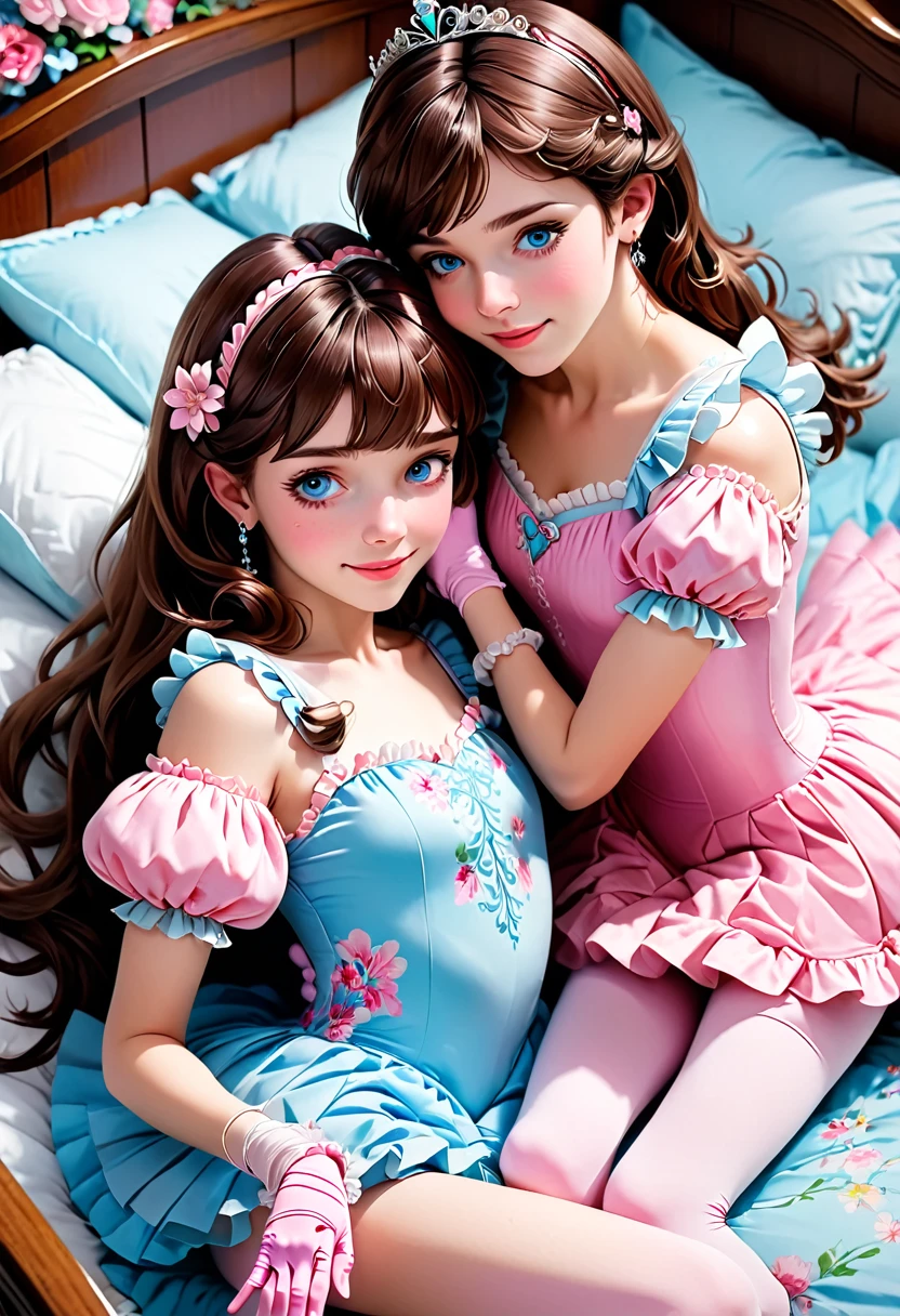 (Style-Princess) (1 man, 1 catgirl) (hetero, couple) (crossdressing, fully clothed) (brown hair, blue eyes) (portrait) (women's clothes only) (women's beautifully feminine skintight velvet floral print frilly girly pink adorable ballet leotards) (white opaque tights, no shoes) (tiaras, pink shoulder-length silk gloves:1.3) (woman's bedroom, four-poster bed) (lying down, hugging, bending knee) (intimacy, playfulness, closeness)