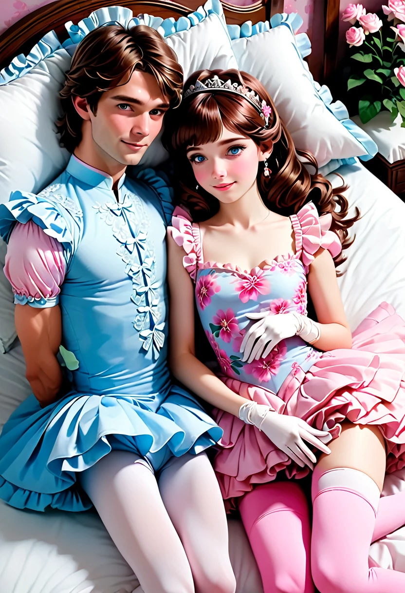 (Style-Princess) (1 man, 1 catgirl) (hetero, couple) (crossdressing, fully clothed) (brown hair, blue eyes) (portrait) (women's clothes only) (women's beautifully feminine skintight velvet floral print frilly girly pink adorable ballet leotards) (white opaque tights, no shoes) (tiaras, pink shoulder-length silk gloves:1.3) (woman's bedroom, four-poster bed) (lying down, hugging, bending knee) (intimacy, playfulness, closeness)