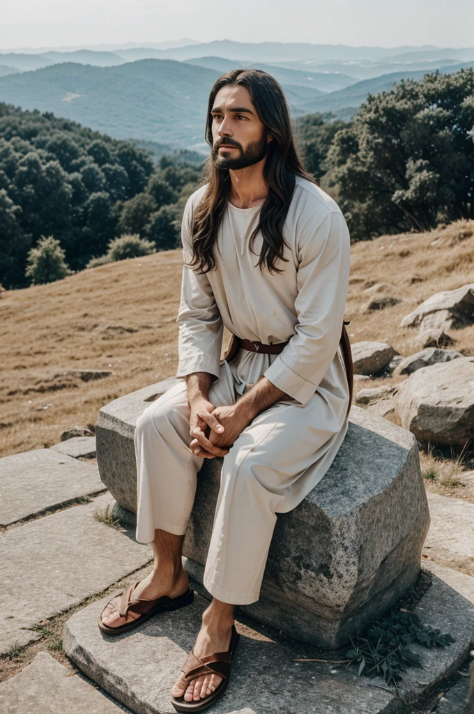 Jesus sitting on the stone on the hill and thousands of people bowdown before Jesus 
