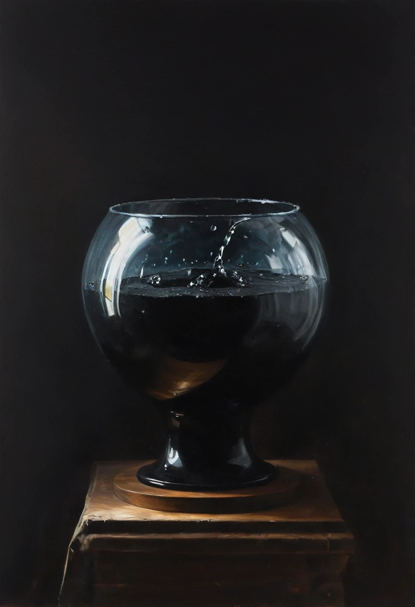 painting of a magic glass bowl, black magical liquid inside. cinematic scene, volumetric lights, ultra realistic, in the style of nicola samori