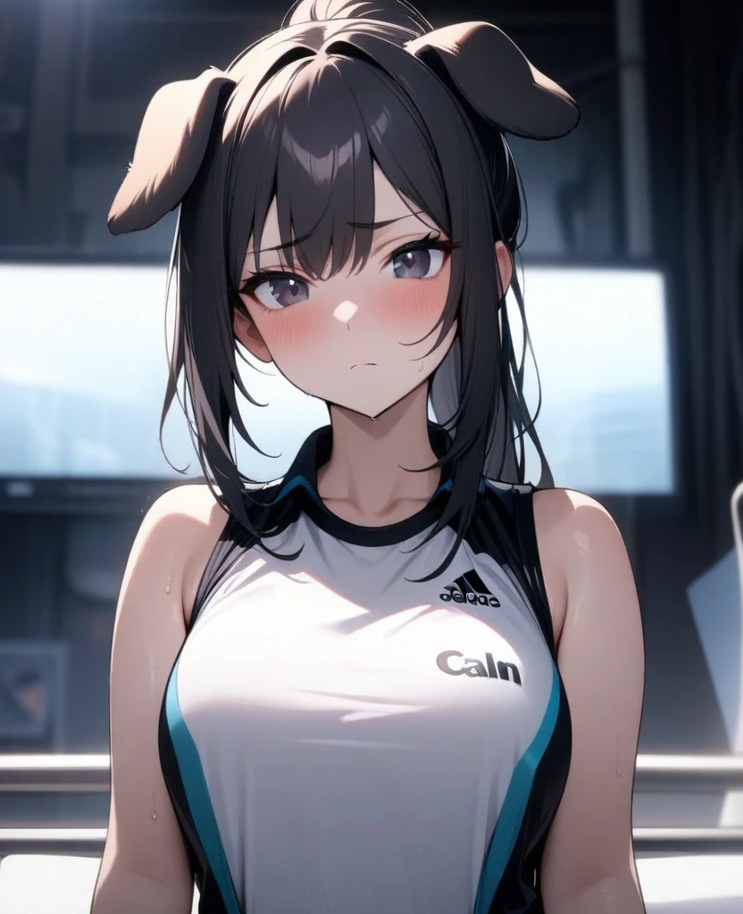 masterpiece, best quality, very aesthetic, absurd, up to date,1 Girl, (calm，Indifferent，calm),Black hair，Long hair，ponytail，look， Dog ears
，Gray Highlights，Black pupil，Sports vest，Capable