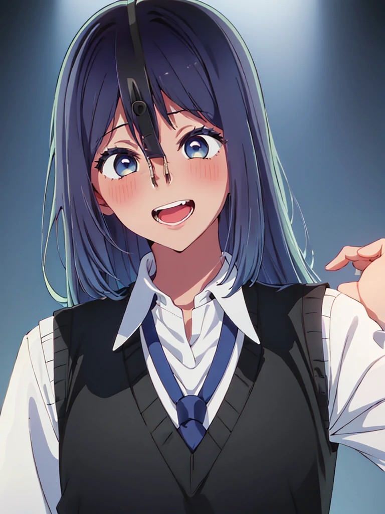 Beautiful lighting, 1 Girl, alone, Akane, White shirt, Sweater vest, Black vest, Blue tie, ((Anime Style))、((2D))、Laughter、Open your mouth