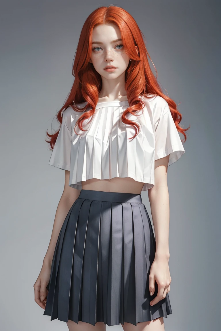 15 years old ginger girl, freckled face, face freckles, rosy, contemptuous look, 1 girl, solo, voluminous curly long red hair,pale skin, big bust, stand sexy pose, beautiful, ((pleated skirt)), ((crop tshirt)), cold palette, simple background
