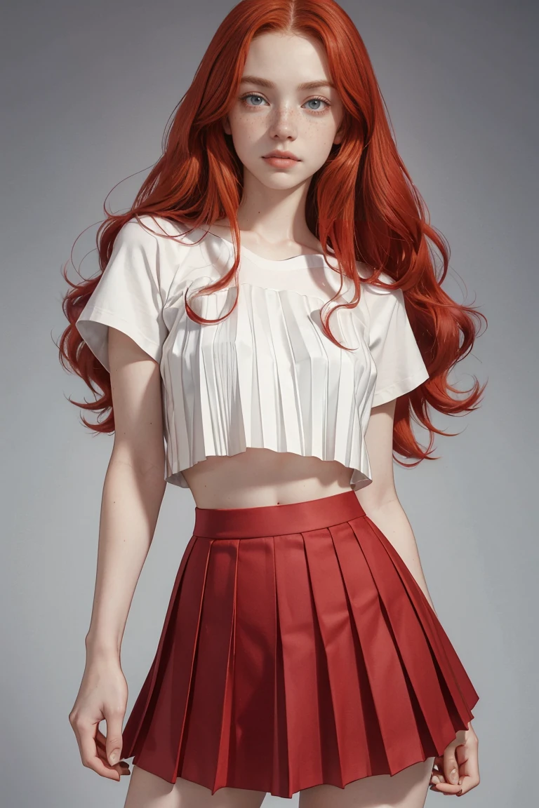 15 years old ginger girl, freckled face, face freckles, rosy, contemptuous look, 1 girl, solo, voluminous curly long red hair,pale skin, big bust, stand sexy pose, beautiful, ((pleated skirt)), ((crop tshirt)), cold palette, simple background
