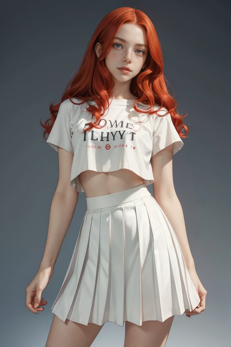 15 years old ginger girl, freckled face, face freckles, rosy, contemptuous look, 1 girl, solo, voluminous curly long red hair,pale skin, big bust, stand sexy pose, beautiful, ((pleated skirt)), ((crop tshirt)), cold palette, simple background
