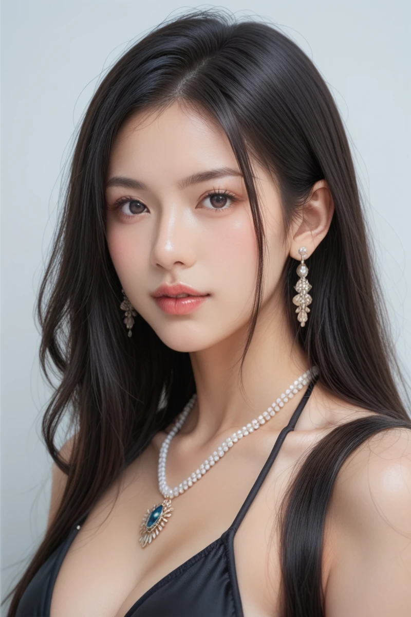 White Background、Professional Lighting、(((Professional Lighting 1.5)))、Translucent skin texture、Beautiful Skin、Beautiful Skin、、(((Whitening 1.5)))、White bra、See through、、Ecstasy of Musical Notes、((White bra1.5))、See through1.5、Bust up photo、Simple earrings and necklace、Fluttering Hair、