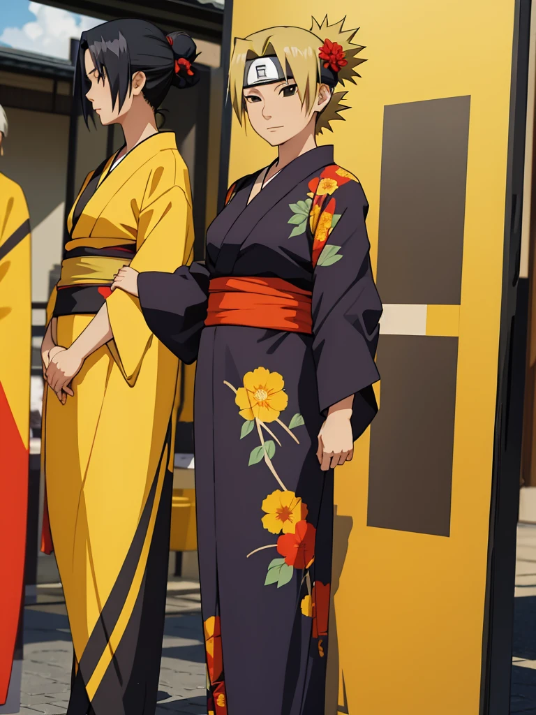 Temari from naruto, 1women, wearing a Japanese kimono, long kimono with flowers art, at a Japan city, yellow colour short hair, 8k, high detailed, high quality
