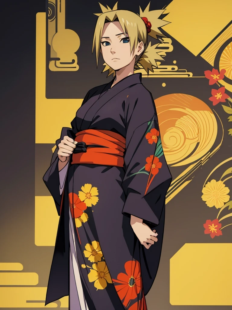 Temari from naruto, 1women, wearing a Japanese kimono, long kimono with flowers art, at a Japan city, yellow colour short hair, 8k, high detailed, high quality
