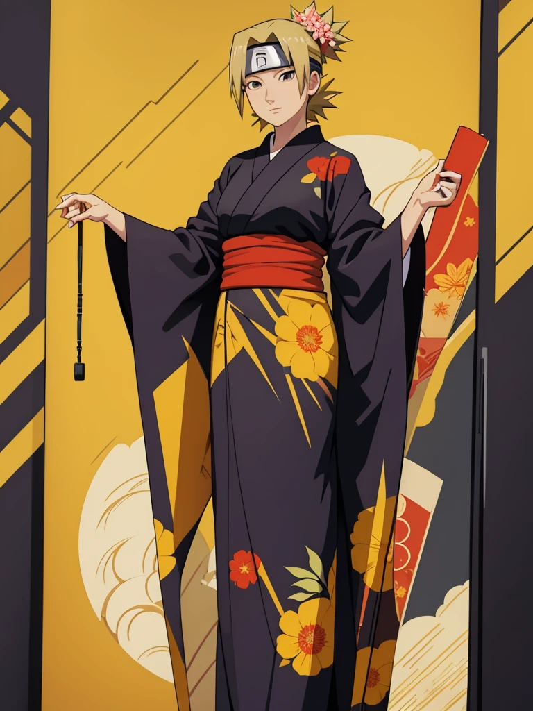 Temari from naruto, 1women, wearing a Japanese kimono, long kimono with flowers art, at a Japan city, yellow colour short hair, 8k, high detailed, high quality
