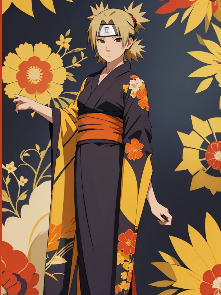 Temari from naruto, 1women, wearing a Japanese kimono, long kimono with flowers art, at a Japan city, yellow colour short hair, 8k, high detailed, high quality
