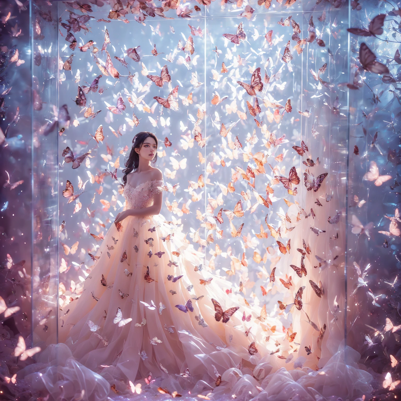 kinghere fensejiaren,One girl,butterfly,alone,dress,Long Hair,white butterfly,View the viewer,Realistic,parted lips,white dress,lips,Bare shoulders,(masterpiece:1,2),Highest quality,masterpiece,High resolution,original,Highly detailed wallpaper,Perfect lighting,(Highly detailed CG:1.2,