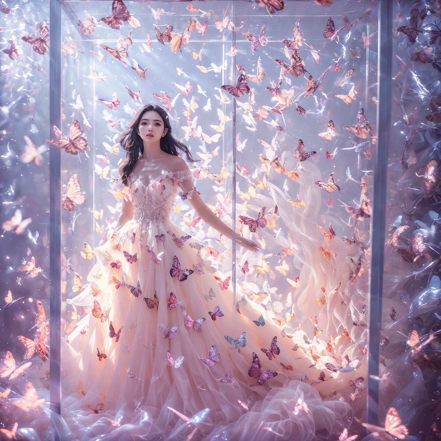 kinghere fensejiaren,One girl,butterfly,alone,dress,Long Hair,white butterfly,View the viewer,Realistic,parted lips,white dress,lips,Bare shoulders,(masterpiece:1,2),Highest quality,masterpiece,High resolution,original,Highly detailed wallpaper,Perfect lighting,(Highly detailed CG:1.2,