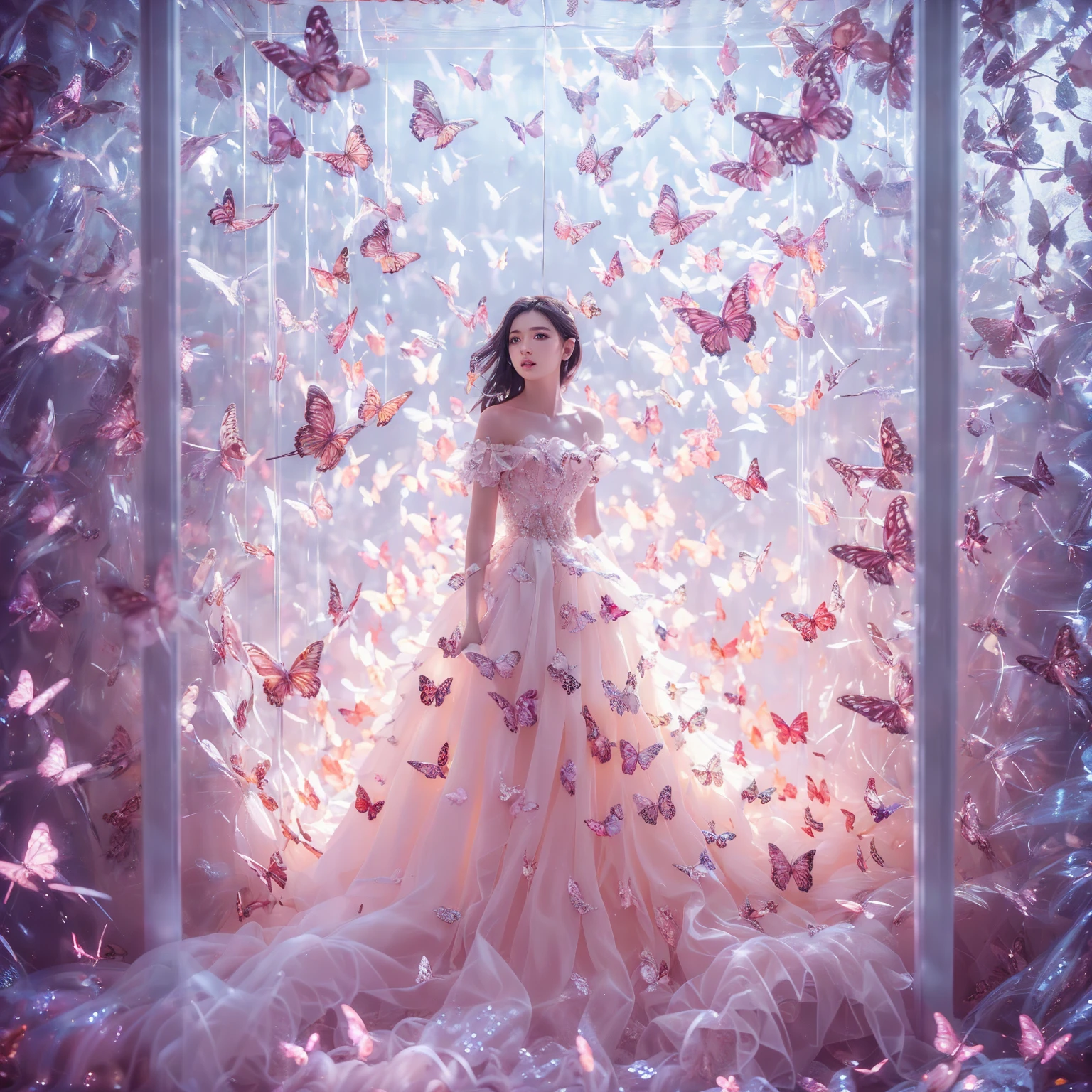 kinghere fensejiaren,One girl,butterfly,alone,dress,Long Hair,white butterfly,View the viewer,Realistic,parted lips,white dress,lips,Bare shoulders,(masterpiece:1,2),Highest quality,masterpiece,High resolution,original,Highly detailed wallpaper,Perfect lighting,(Highly detailed CG:1.2,