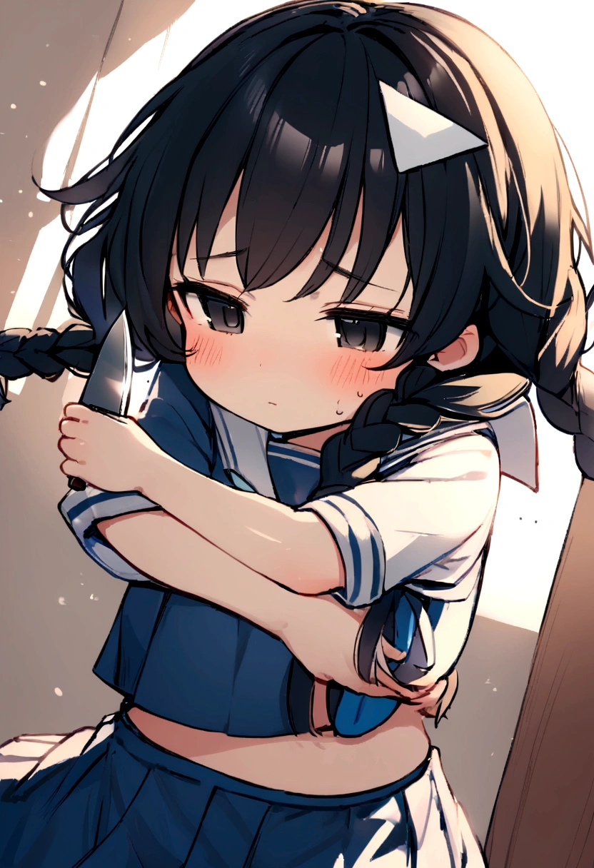 Long black hair, two braids, sailor suit, jittery eyes, loli, short, cute, , half eyes, jittery eyes, white triangle on head, black eyes, holding a knife, expressionless,Half eyes, hugs,1 Girl