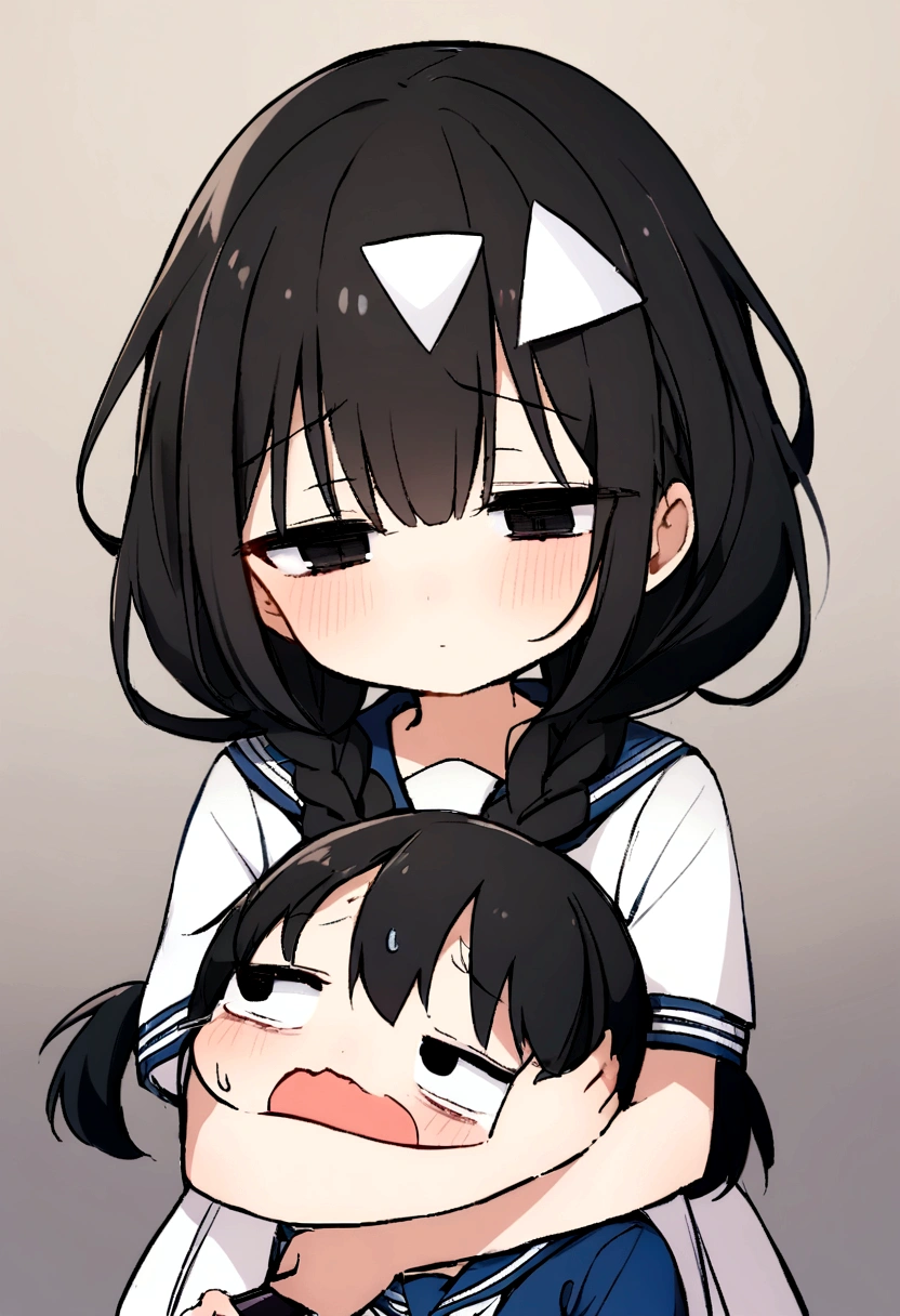 Long black hair, two braids, sailor suit, jittery eyes, , short, cute, , half eyes, jittery eyes, white triangle on head, black eyes, holding a knife, expressionless,Half eyes, hugs,1 Girl