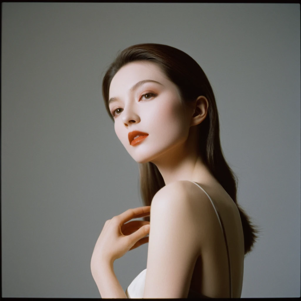 Photograph by Serge Lutens (1.8), pale skin, ((evil slavic woman)), long dark blond hair, in profile, wide angle dim atmosphere, dark atmosphere, stunning, modern, dark, clean, artsy indoor surrounding, casting a dreamlike atmosphere eyes reflect some light, Shiseido-style Vogue-Style 1990s style and setting Various gentle half body poses and angles Consistent facial and body features Photorealistic and highly detailed Artistic and evocative High-quality finish Ensuring vibrant, detailed features Technical details: wide angle lens Selective focus with Kodak film effect: 1.2 Shallow depths of field