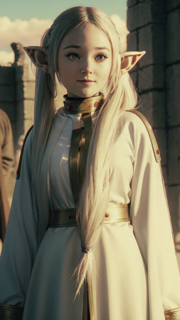 A young elf girl in realistic portrait of high quality and detail, Frieren (Sousou no Frieren), movie style, dark and mysterious atmosphere, pale skin, glow, eye shadow, 1girl, thriller fantasy, Depth & Perspective, angry smile on her face, A petite elf girl with green eyes, thick eyebrows and long white hair parted in the middle and braided into two high pigtails. She has large pointed elf ears, Mystical powers, red armor, fine face, She stands on the ruins of king's hall, inside, ashes on the sky, burning sky, dark cloud, looking at viewer, (ultra-high detail:1.2), Masterpiece, Best Quality, Ultra-detailed, Cinematic lighting, 8K, delicate features, cinematic, 35 mm lens, f/1.9, highlight lighting, global lighting –uplight –v 4, cinematic, intense gaze, Cinematic lighting, 8K, high quality, Highest Quality, (Solo Focus), (extremly intricate:1.3), (Realistic), dramatic, masterful, Analog style, (Film grain:1.5), (warm hue, cold tone), a close up of a person surrounded by many different types of armor, flowers behind back