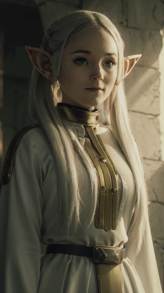 A young elf girl in realistic portrait of high quality and detail, Frieren (Sousou no Frieren), movie style, dark and mysterious atmosphere, pale skin, glow, eye shadow, 1girl, thriller fantasy, Depth & Perspective, angry smile on her face, A petite elf girl with green eyes, thick eyebrows and long white hair parted in the middle and braided into two high pigtails. She has large pointed elf ears, Mystical powers, red armor, fine face, She stands on the ruins of king's hall, inside, ashes on the sky, burning sky, dark cloud, looking at viewer, (ultra-high detail:1.2), Masterpiece, Best Quality, Ultra-detailed, Cinematic lighting, 8K, delicate features, cinematic, 35 mm lens, f/1.9, highlight lighting, global lighting –uplight –v 4, cinematic, intense gaze, Cinematic lighting, 8K, high quality, Highest Quality, (Solo Focus), (extremly intricate:1.3), (Realistic), dramatic, masterful, Analog style, (Film grain:1.5), (warm hue, cold tone), a close up of a person surrounded by many different types of armor, flowers behind back