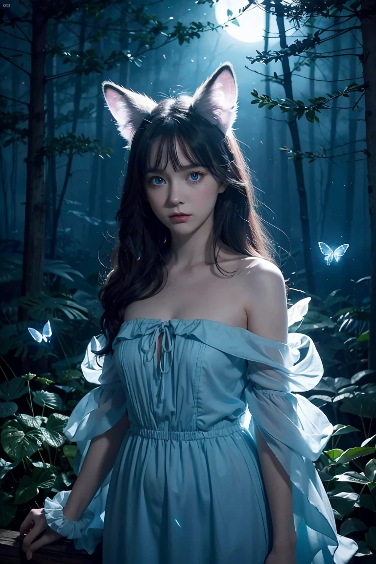 spirit animal, score_9, score_8_consolation, score_7_consolation, score_6_consolation, score_5_consolation, score_4_consolation, ethereal ghost baby fox, Beloved, cartoon character, glowing blue eyes, glowing butterflies, fantasy forest at night time, realistic, very detailed, There are no humans