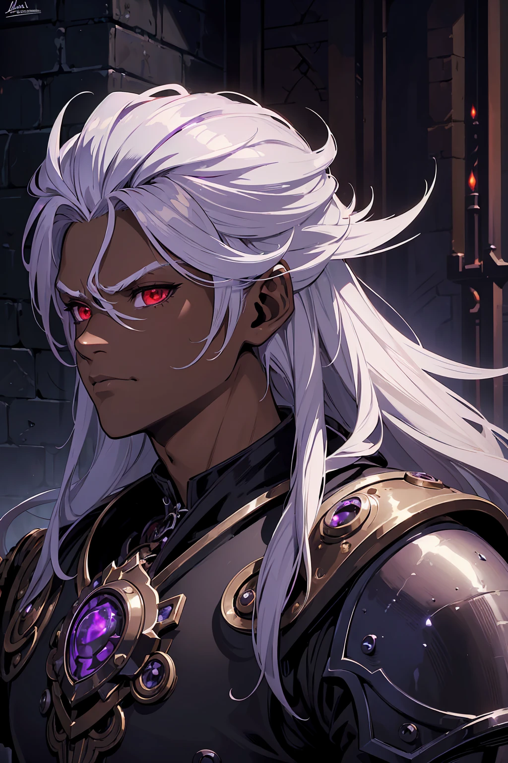 ((best quality)), ((masterpiece)), (detailed), ((boy)), (mix between steampunk and dungeonpunk), drow, upper body, portrait, red eyes, long white hair, Xemnas from Kingdom Hearts, half-drow, dark skinned, (full knight armor), paladin, serious face, dramatic lighting, dungeons and dragons character, purple theme