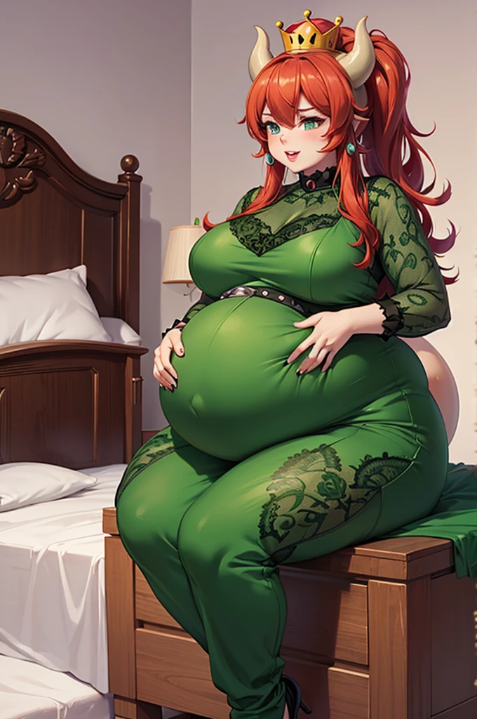 fat and pregnant weakened bowsette, obese, overweight, , red hair, big luscious lips, chubby, plump, bbwig brn lace jumpsuit, bedroom