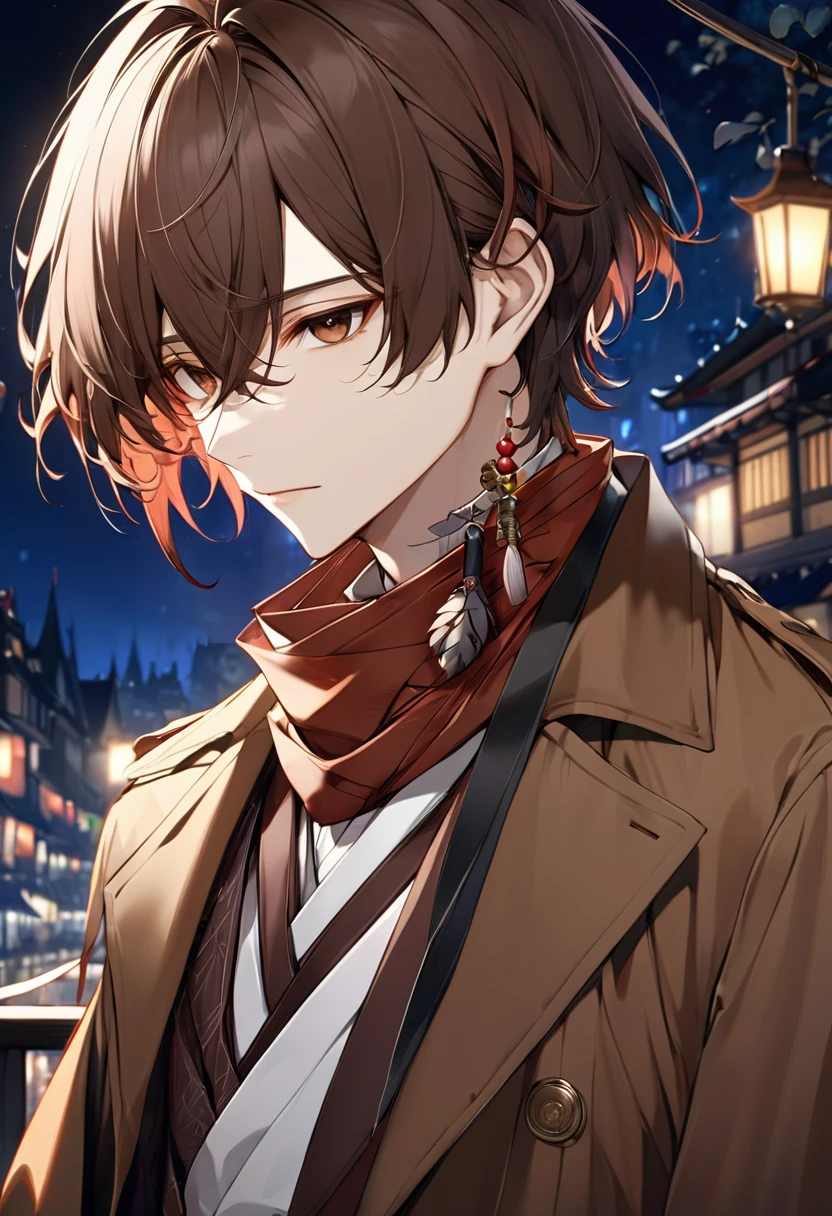 (masterpiece, Highest quality, Very detailedCG, Very detailed, 8k wallpaper, Ultra HD: 1.2), dazai osamu,short hair,Brown Hair,Brown jacket,White pants,bandage,One boy,alone,Upper Body,night,