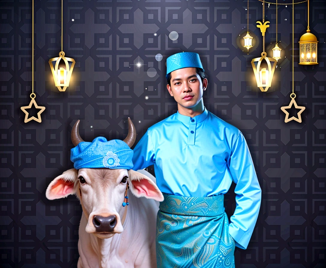 there is a man standing next to a cow with a blue hat, traditional clothes, wearing authentic attire, wearing traditional garb, traditional clothing, traditional dress, blue colored traditional wear, inspired by Basuki Abdullah, by Basuki Abdullah, inspired by Abdur Rahman Chughtai, traditional costume, photoshot, human dressed as a bull, portrait shot