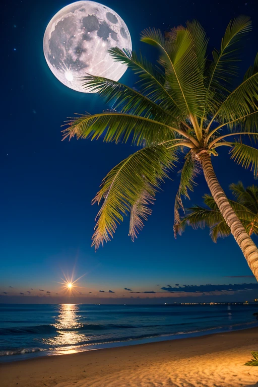 midnight ocean palm tree full moon
