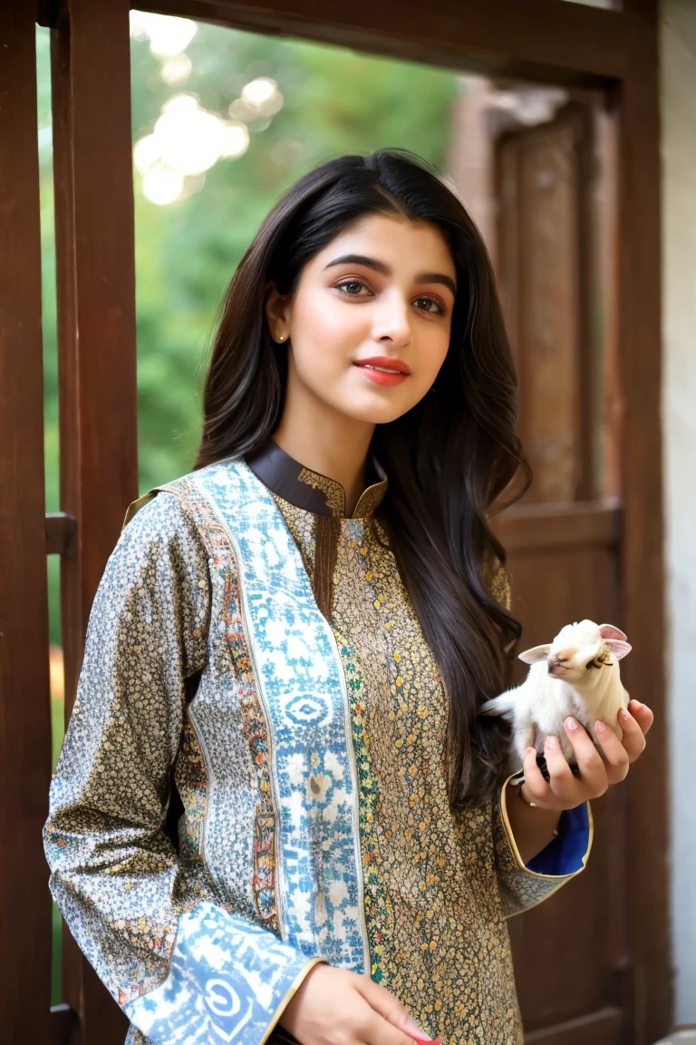 Pakistani girl) , beautiful face wearing digital printed shalwar kameez with Goat and sheep at her modern home in Lahore celebrating Eid Ul Adha 