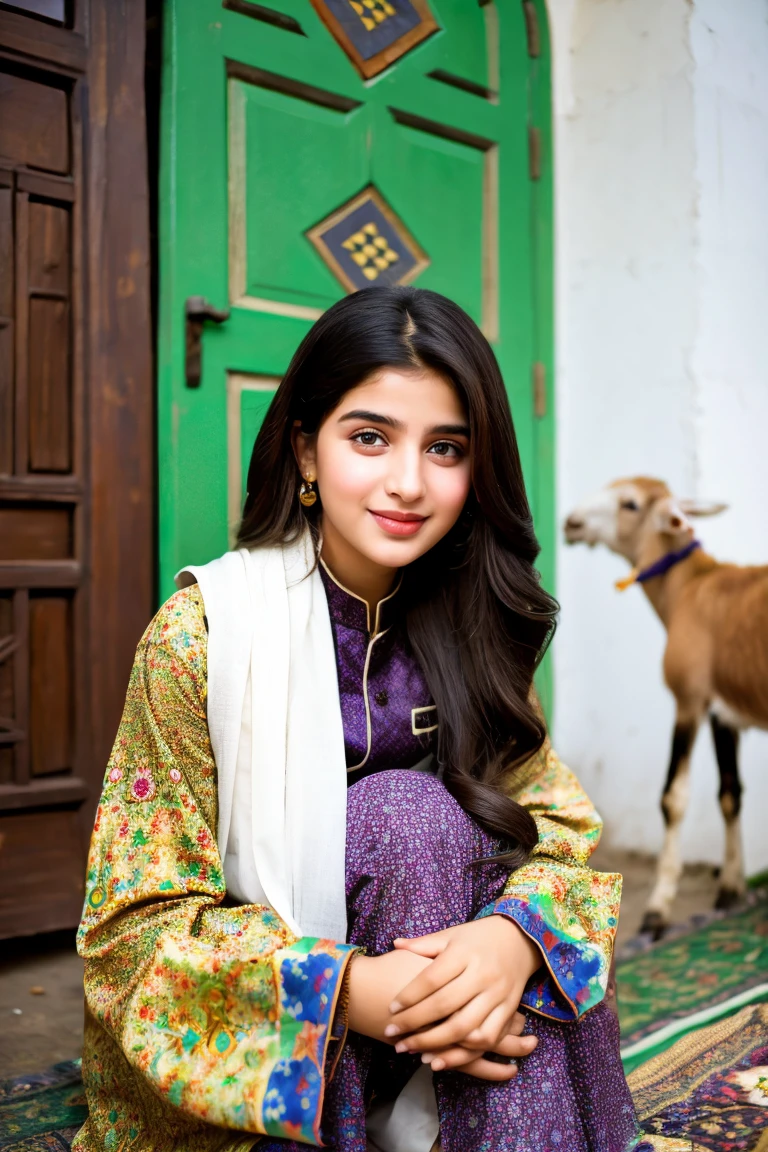Pakistani girl) , beautiful face wearing digital printed shalwar kameez with Goat and sheep at her modern home in Lahore celebrating Eid Ul Adha 